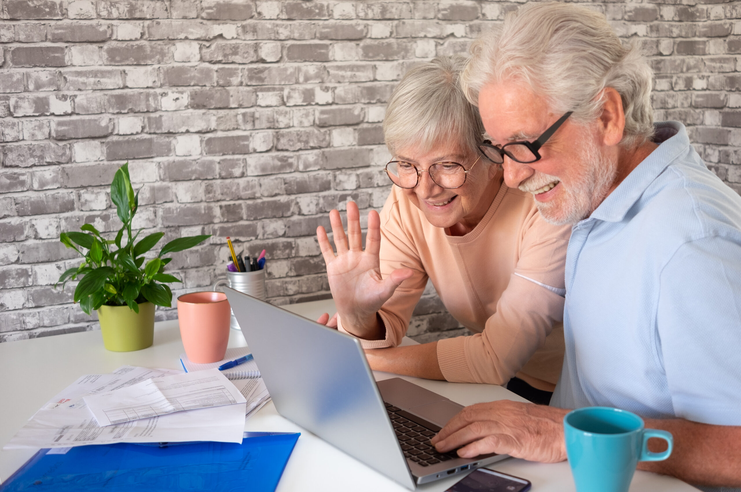 Attractive elderly couple smile while video chat by laptop with